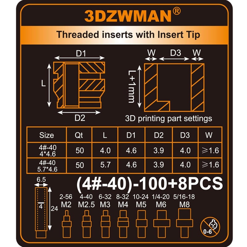 3DZWMAN #4-40 Threaded Inserts with M2-M8 Heat Set Insert Tools,Brass UNC knurled Nuts for 3D Printing Components and Plastic Parts (50Pcs #4-40 * 4 * 4.6 and 50Pcs #4-40 * 5.7 * 4.6) - Image 3